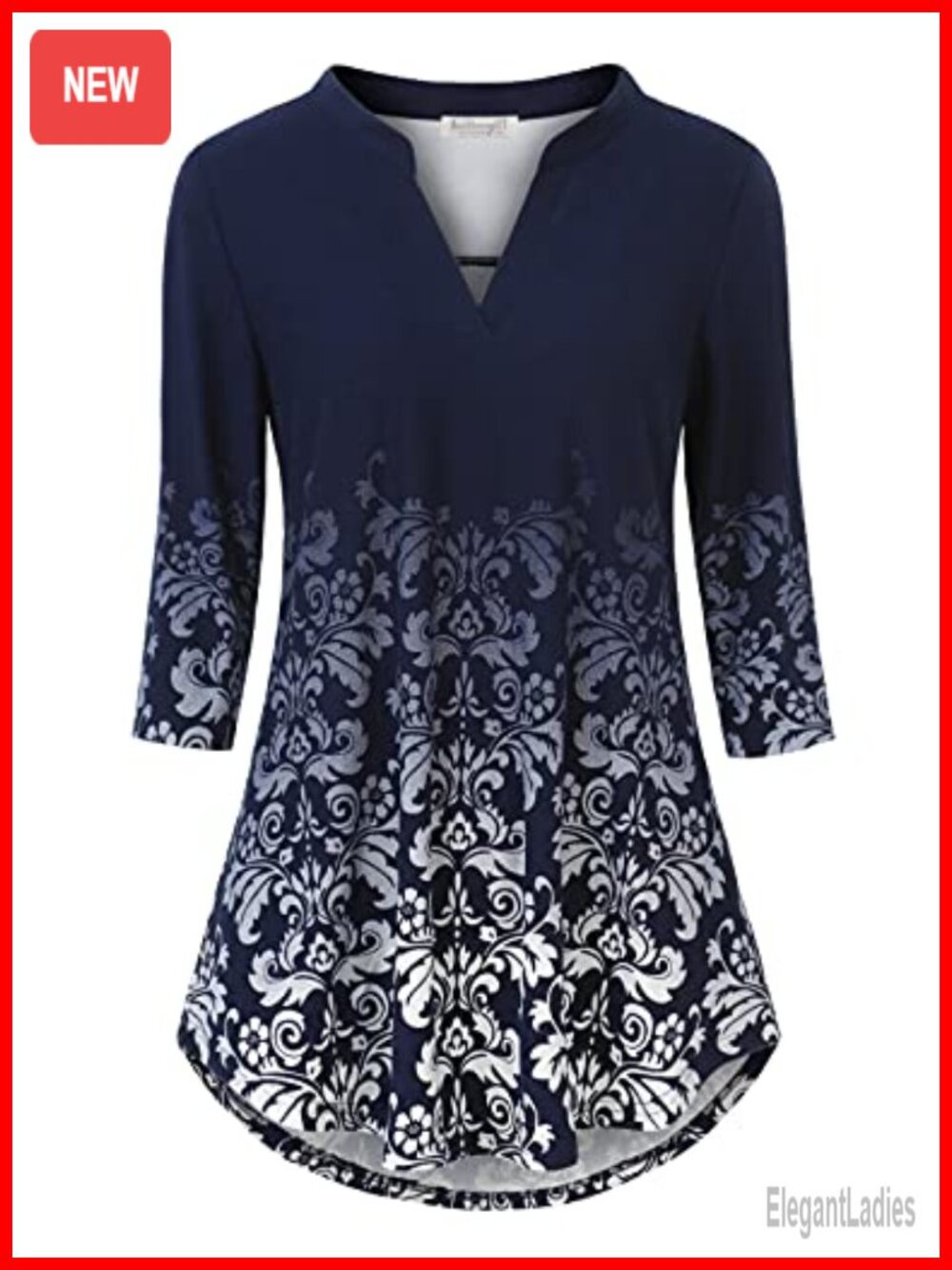 Womens 3/4 Sleeve V Neck Floral Tunic Top Loose Fit Work Blouse